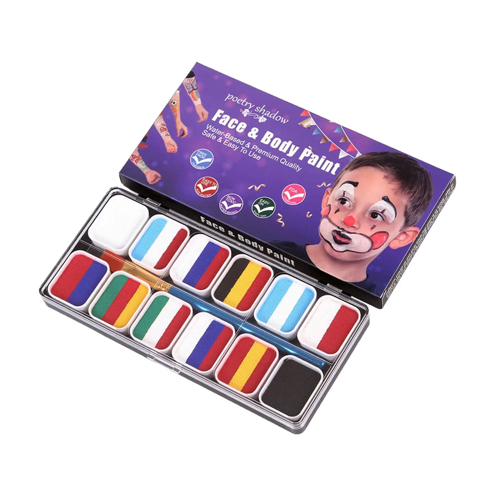 Face Body Paint Set Kids Adults Supplies 12 Grids with 2 Pens High Saturation DIY Painting Bright Color for Cosplay Dancing