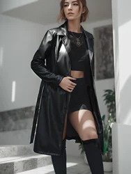 PU Leather Lapel Long Sleeve Coat, Belted Casual Outerwear For Fall & Spring, Women's Clothing