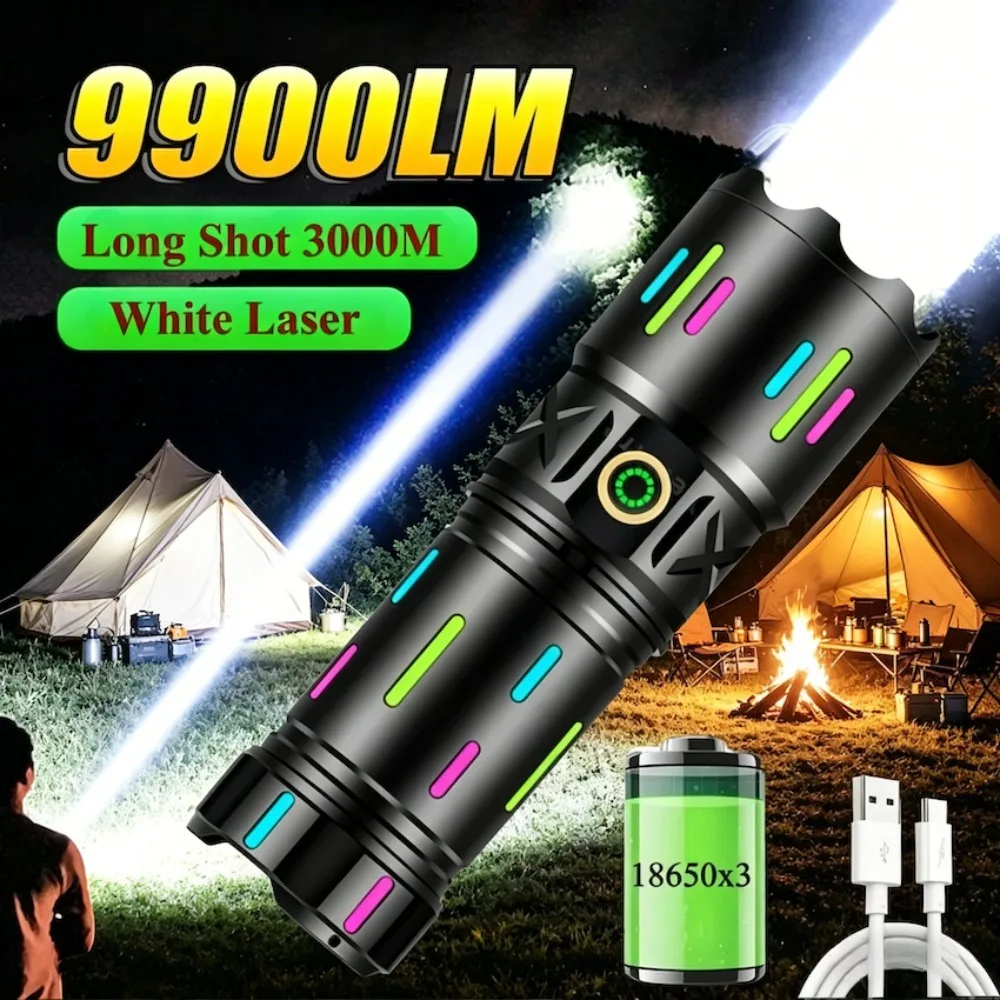 Powerful Tactical LED Flashlight Rechargeable Zoomable Waterproof 3 Modes Absorbing Film Luminous Torch  Outdoor Fishing Camping