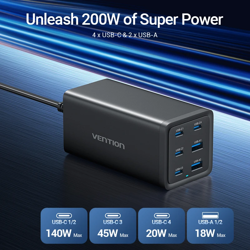 Vention 200W GaN cargador de escritorio portátil cargador rápido para iPhone 16 15 Pro MacBook Pro Lenovo Samsung Xiaomi 6 en 1 cargador GaN