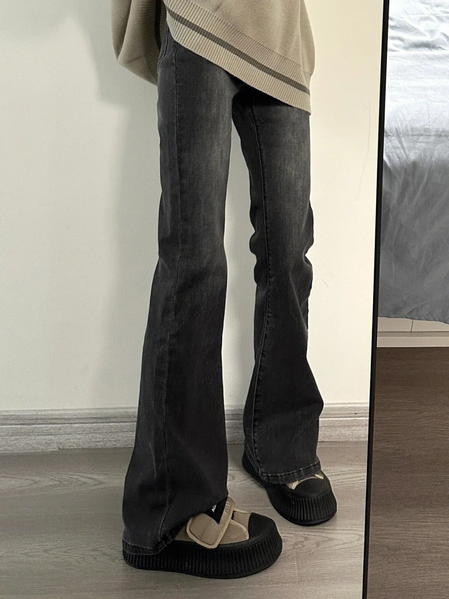 Retro Smoke Grey Micro Flared Denim Jeans Women's Spring Autumn plus Size Slimming Loose Fit Floor Length Pants