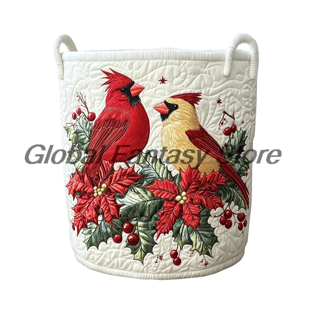 Northern Cardinal Bird Pattern Floral Quilted Laundry Basket Clothes Foldable Storage Bin Home Organizer Hamper with Handles