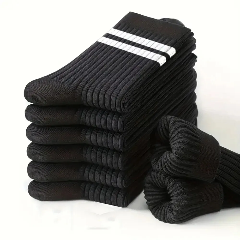 Chaussettes mi-tube respirantes à rayures noires et blanches pour hommes, chaussettes décontractées simples, chaussettes à col rond, haute qualité, printemps, automne, 6 paires