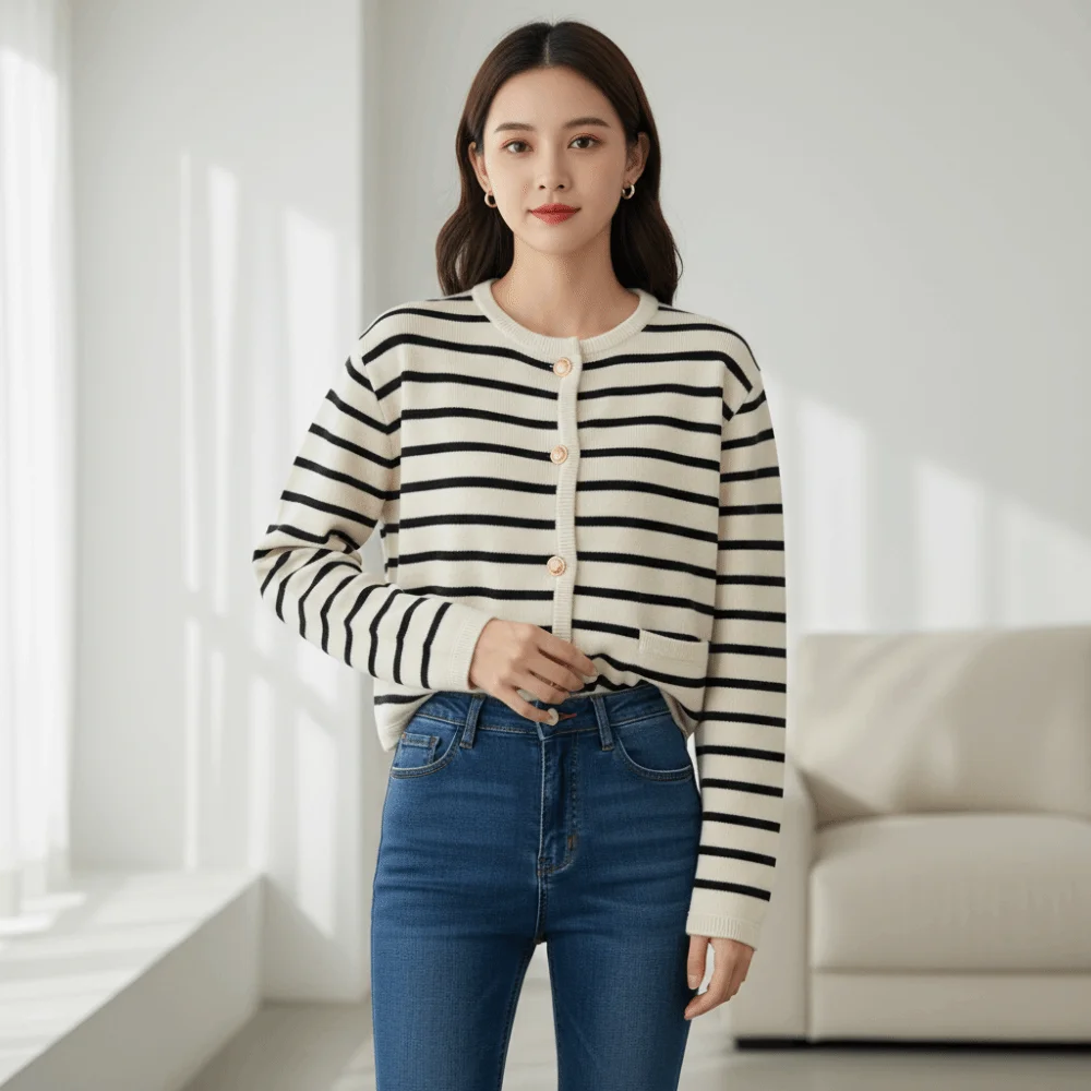 

Long Sleeve Striped Cardigan Shirt Sweaters Single Breasted Preppy Style Crochet Sweaters Front Button Ladies Short Tops