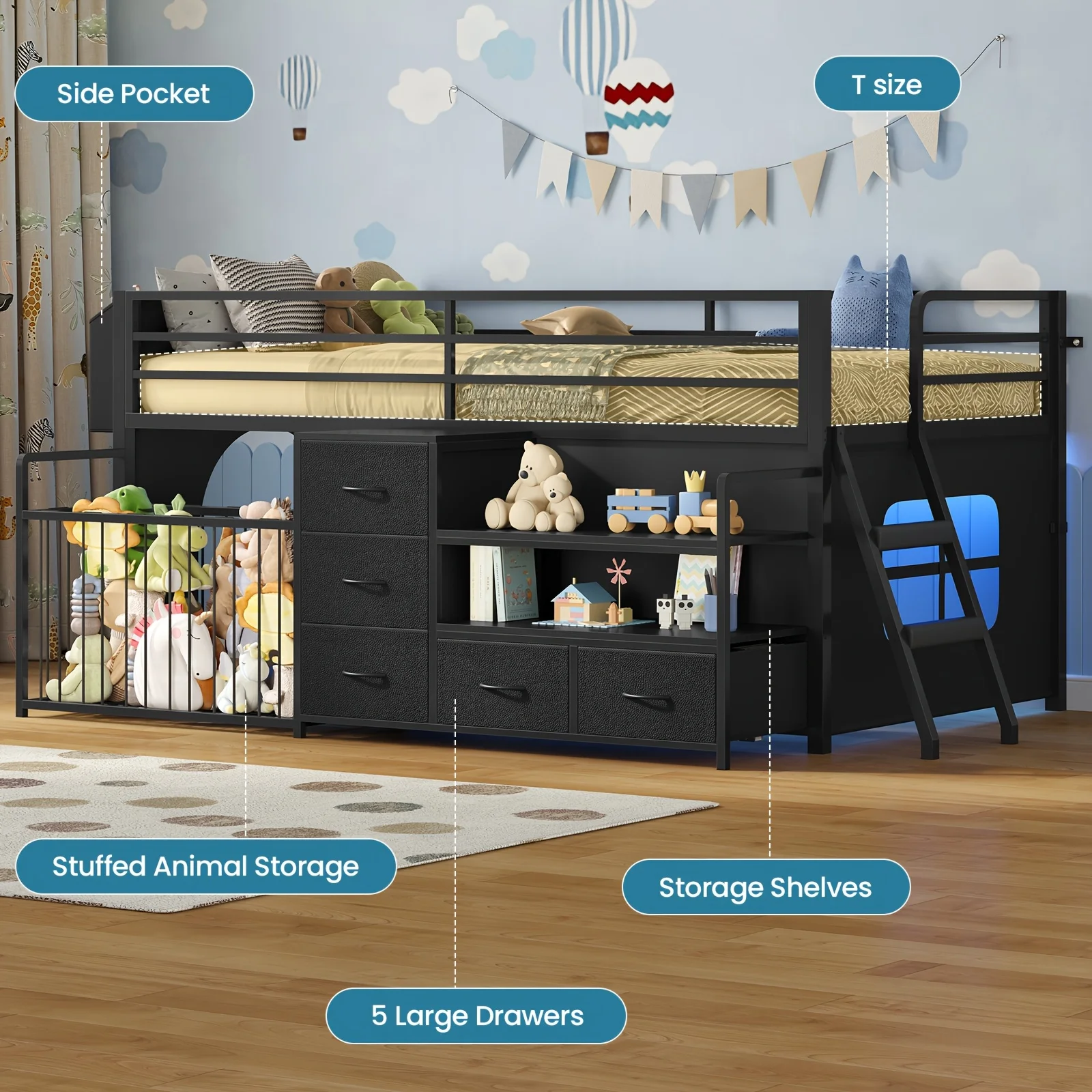 Low Loft Bed with Open Storage Shelves & Stuffed Animal Toy Storage, T Size Metal Kids Loft Bed with 5 Drawers, Built-in RGB LED Lights, 13