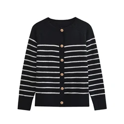 TRAF Striped Knitted Coat Top Contrasting Color Design Round Neck Long Sleeved Elastic Knitted Coat Casual Streetwear 5536/010