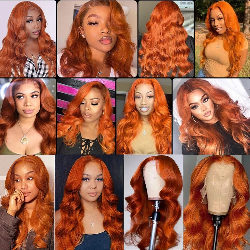 Perruque Lace Front Wig Body Wave 100% naturelle, cheveux humains, orange, 13x6, sans colle, pre-plucked, pour femmes