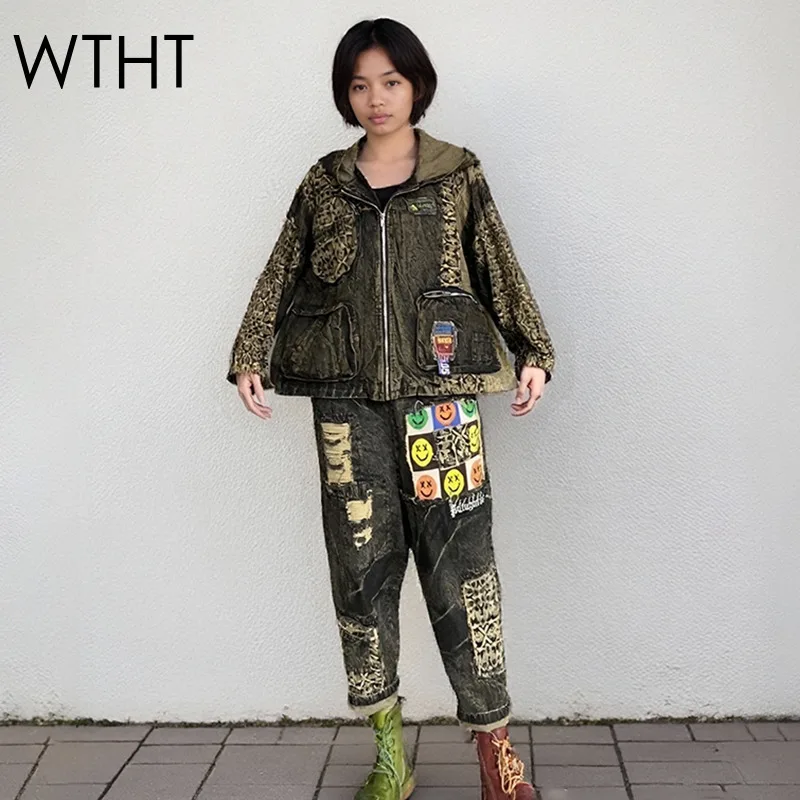 

WTHT винтажная модная женская лоскутная свободная джинсовая куртка с капюшоном, осень 2021, модные джинсы-шаровары с эластичной резинкой на талии, женские 1LS2234