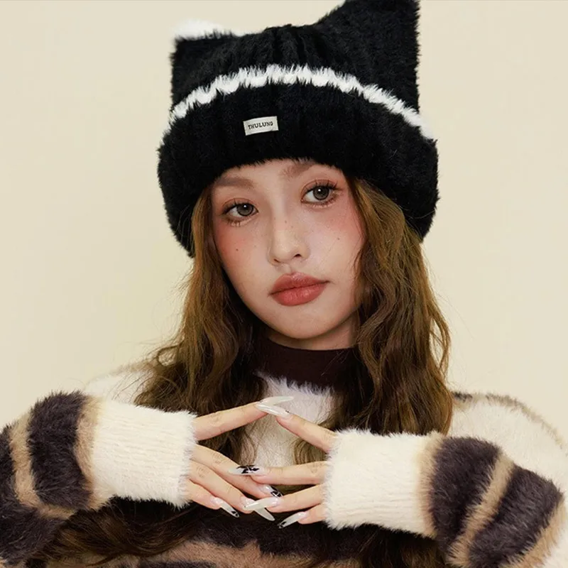 جديد Ins لطيف آذان القط أفخم بيني Y2K الخريف والشتاء السفر الدافئة سدادات حماية الأذن تنوعا شخصية البلوز القبعات النساء #4