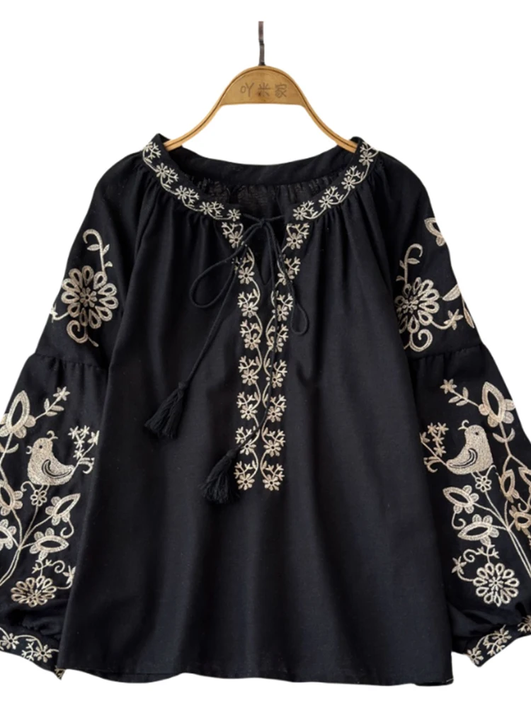 Sleeves Fashion Tops Bohemian Style 2024 Summer New Embroidered Design Loose Blouse Women Lace-up Collar Lantern