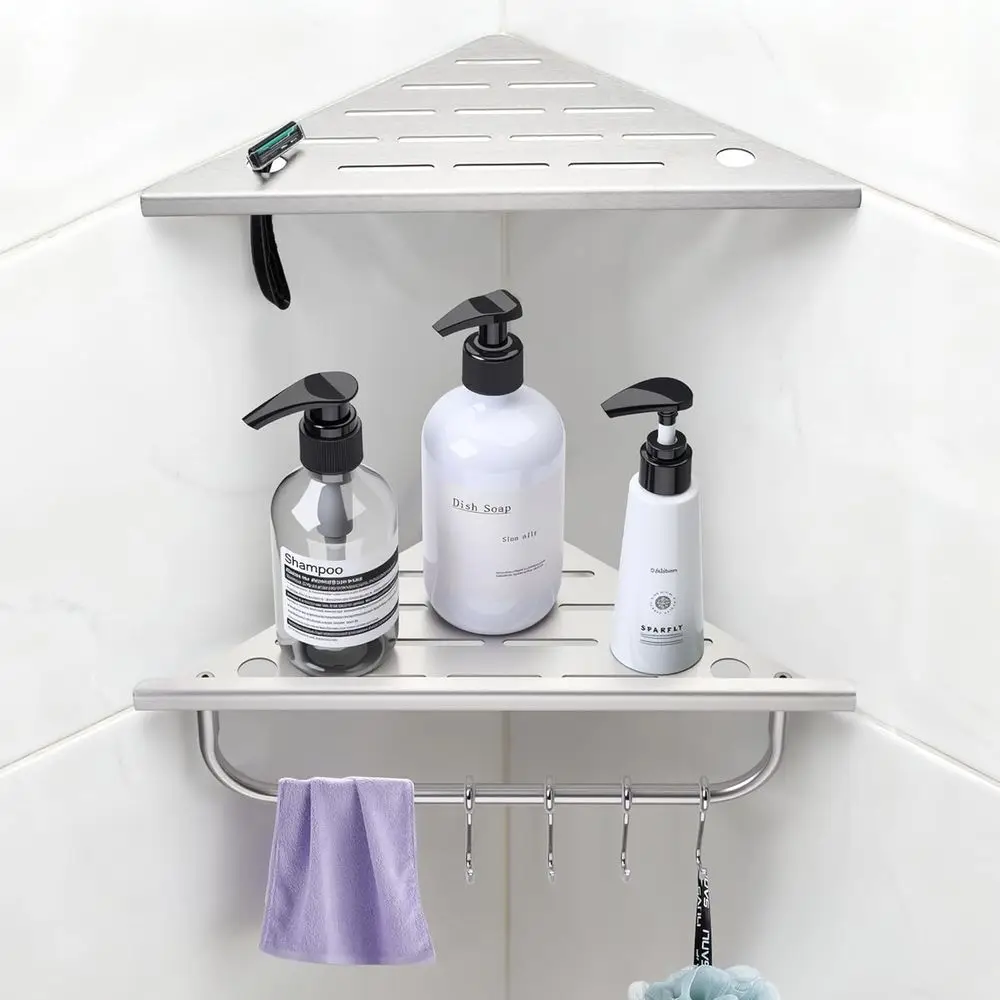 

Set of 2, 10-Inch Stainless Steel Corner Shower Shelves with Towel Bar and Hooks, Brushed Nickel Finish, No Drilling Required fo