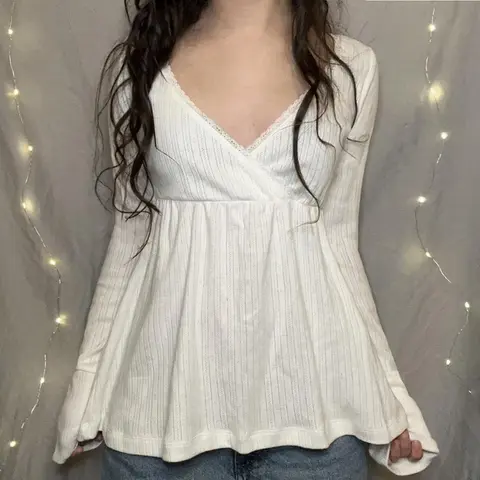 Women Fairy Y2k Cottage T-shirt Coquette V Neck Long Sleeve Babydoll Tees Autumn Spring Casual Pullovers Tops Vintage Clothes