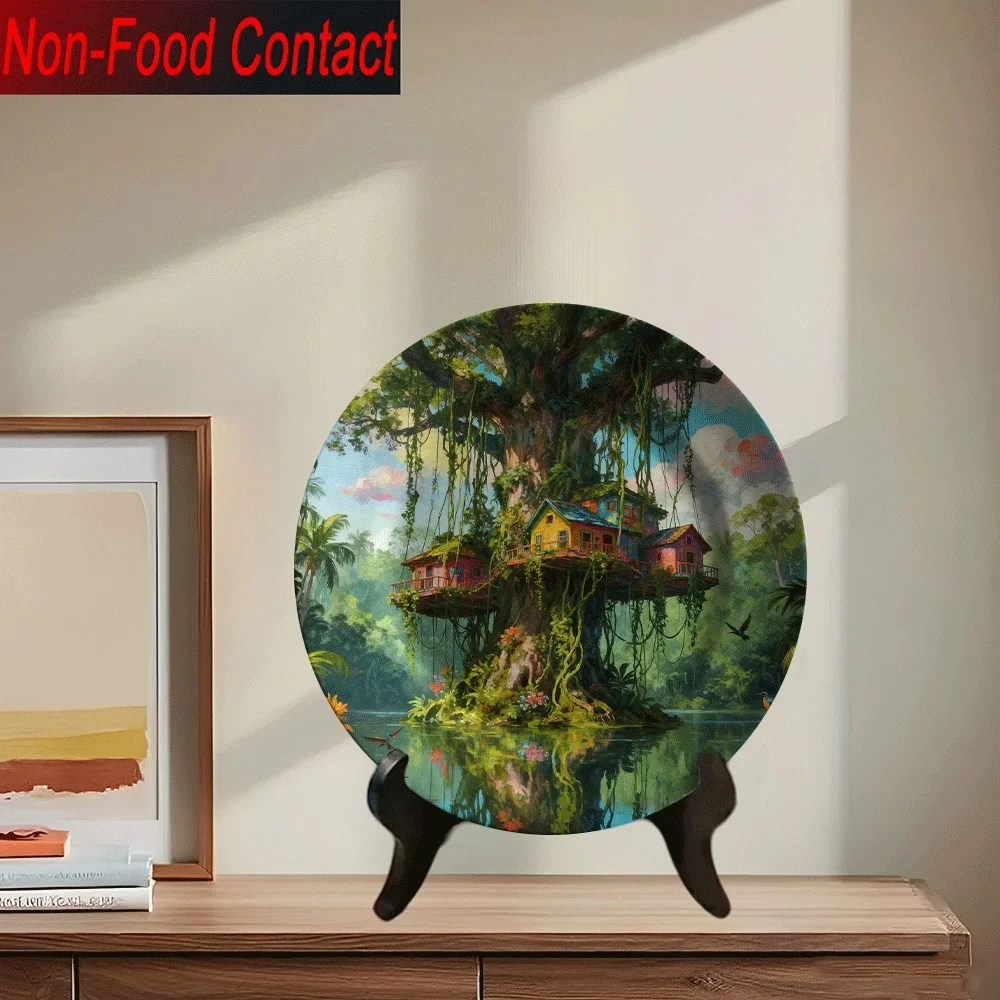 1pc Tropical Jungle Treehouse Ceramic Decorative Plate - Non-Food Contact Safe, Vibrant Rainforest Design with Lush Greenery &