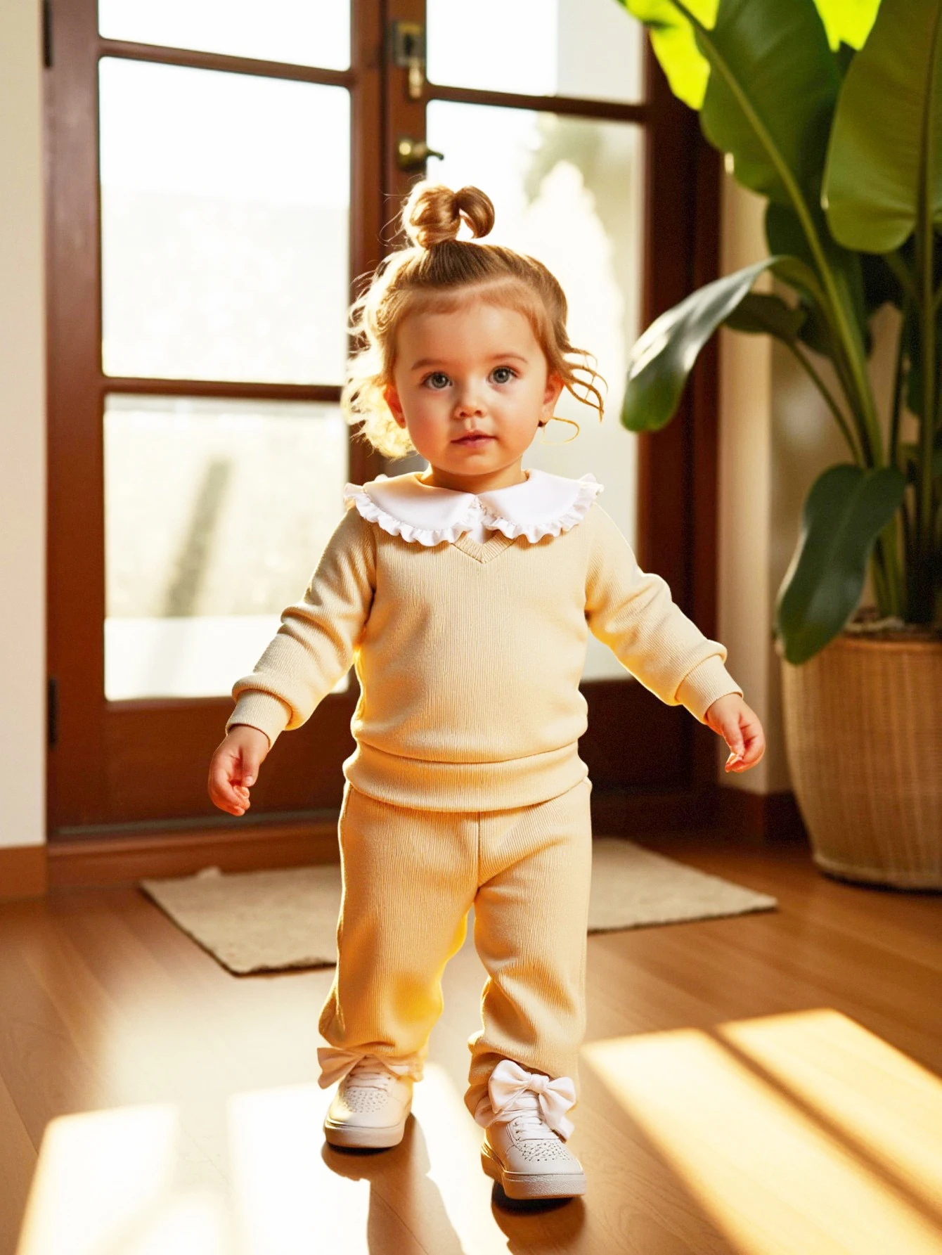 Frühling/Herbst Baby Mädchen (0-4 Jahre) Beige Peter-Pan-Kragen Strickoberteil & Spitzenbesatz-Hose 2-teiliges Set: Weicher Hautfreundlicher Strickstoff, Warm – Detail 2