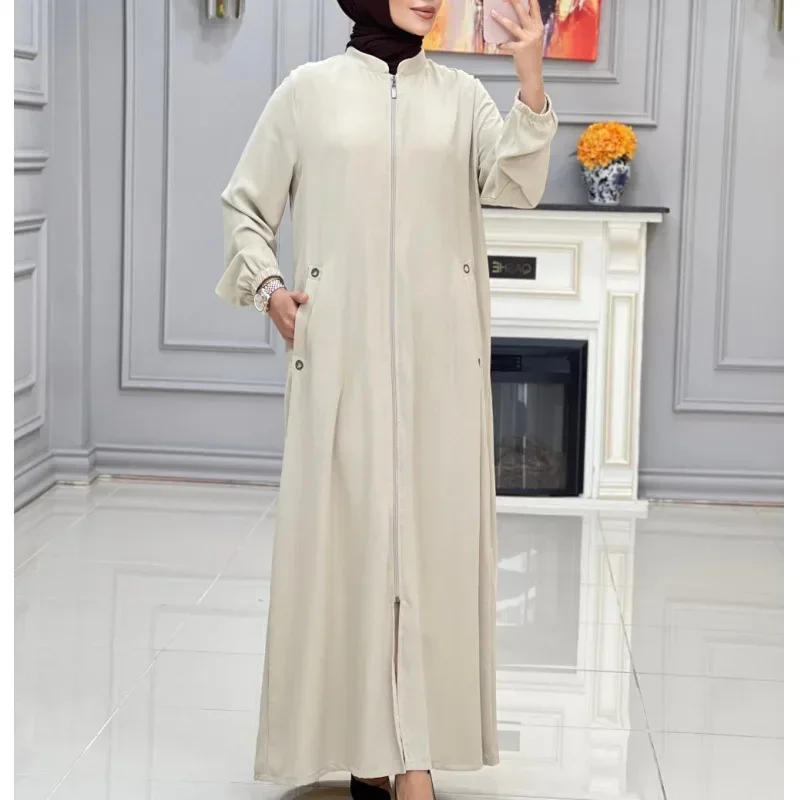 Abaya with Zipper Front Stand Collar Abayas for Women Dubai Luxury Kimono Muslim Hijab Dress Turkey Islam Prayer Clothes Kaftan