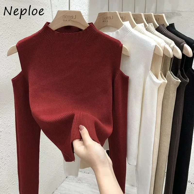 Fashion Off-the-shoulder Women\'s Pullover Tops Long-sleeve Autumn New Bottoming Knitted Shirt Mock Neck Female Sweater