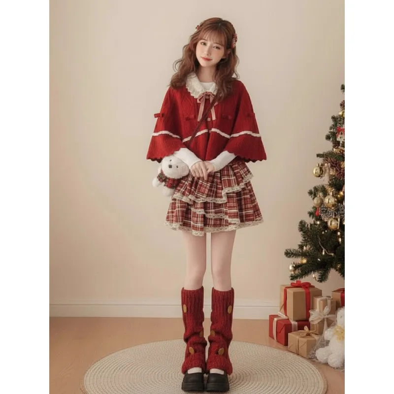 Christmas Theme Red Knitted Dress And Coat Set Elegant Winter Outfit for Women Complete Small Fragrance Style Ensemble
