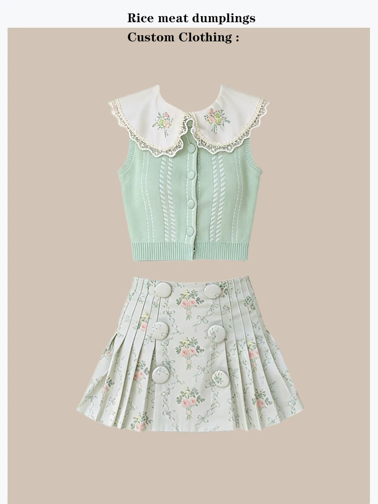 

Korean Style Summer Fashion Set Embroidered Ice Linen Knitted Top Floral Short Skirt Double Buttoned High Waist Plant Pattern