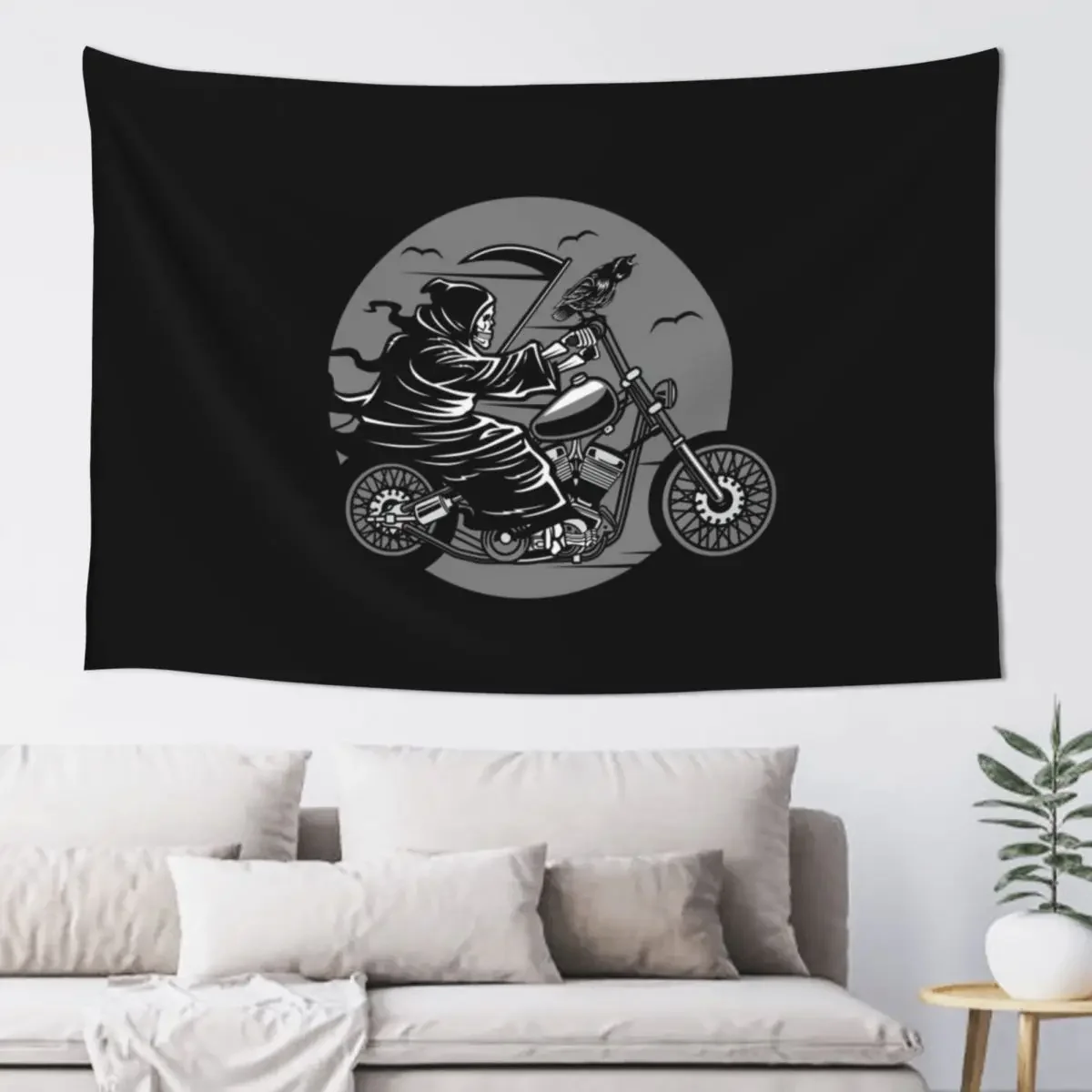 Grim Reaper on Bike /Death Skull Biker Skeleton Scythe Halloween Rider Horror Gift Idea Tapestry Wall Decor Hanging Tapestry