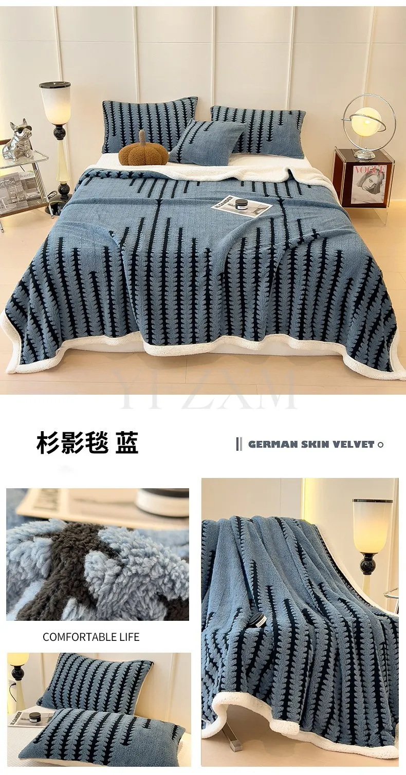 Double Layer Fleece Warm Winter Blanket Striped Thick Plush Blanket for Single Double Bed Multipurpose Sofa Throw Blanket Autumn