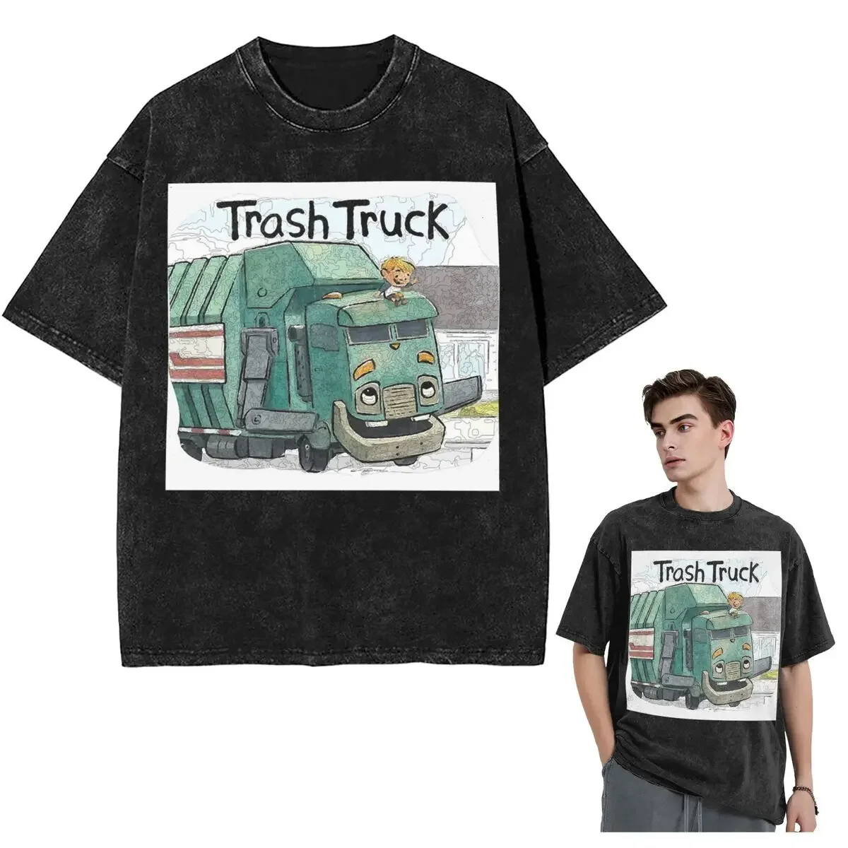 

Streetwear T-Shirts Trash Truck Cartoon Netflix Washed T Shirt Short Sleeve Hip Hop T-Shirt Tops Tees for Men Women