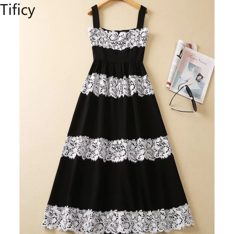 

TIFICY Women's Summer Fashion Show New High-end Lace Patchwork Black Long Skirt French Elegant Suspender Dress