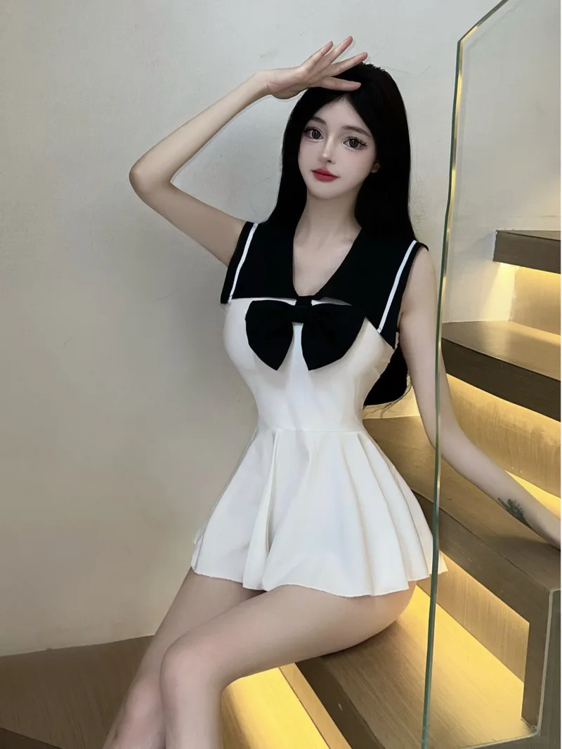 Exotic Summer Fashion Women's Clothing New Style Striped Bow Decoration Sweet and Cute College Style pleated Elegant Dress V8NM