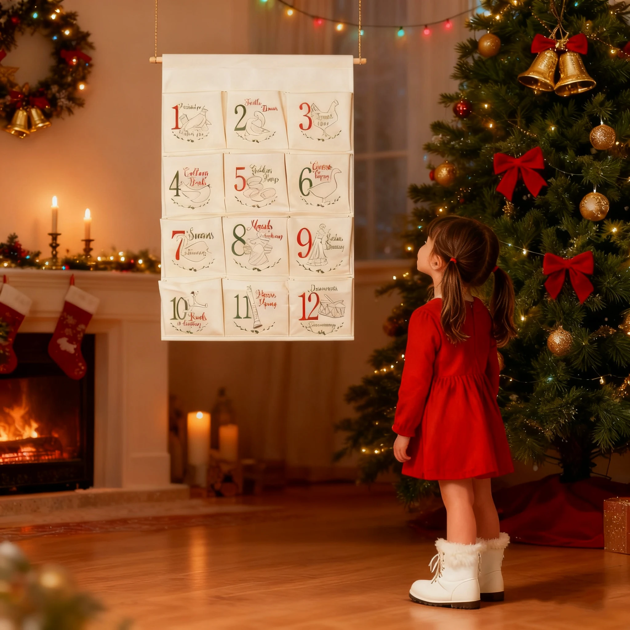 

DIY 12 Pockets Christmas Advent Calendar Gift Bag Reusable The Twelve Days of Christmas Canvas Countdown Hanging Xmas Decoration