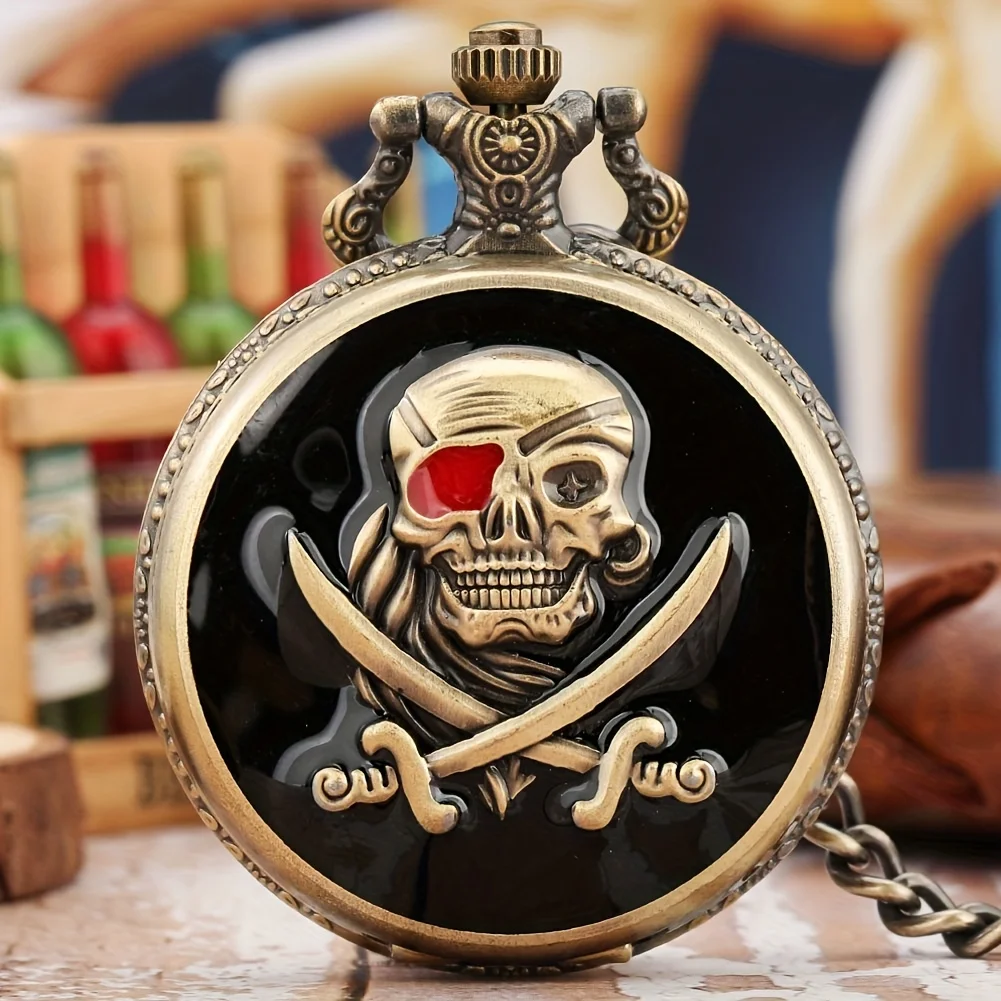 1PC Halloween Skull Pirate Pocket Watch COS Comics Fans Christmas Decoration Pocket Watch Student Quartz Watch Personalized Retr
