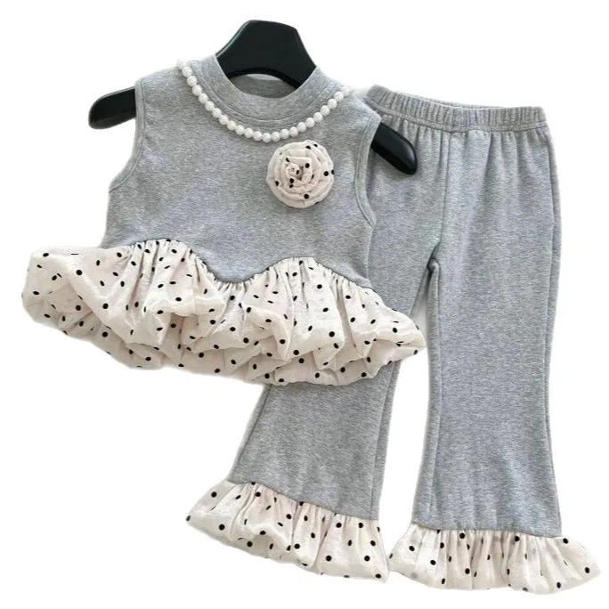 

2-10 Years Summer Girls Clothing Set Solid Color Mesh Splicing Sleeveless T-shirt+Pants Trousers Suit Fashion Kids Outfit