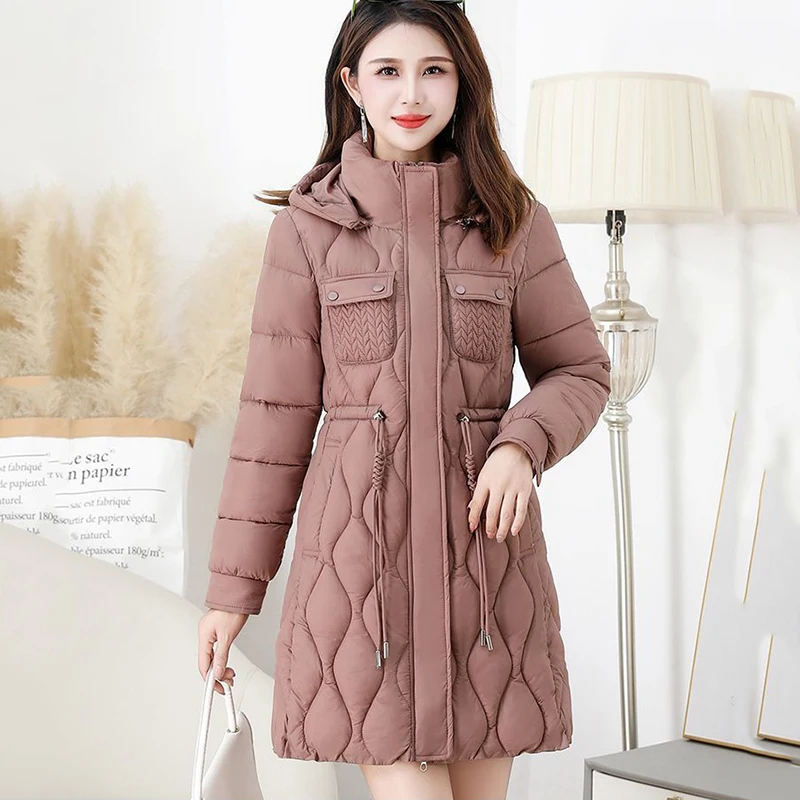 Women\'s High-Grade Down Cotton Coat, Long Thick Warm Padded Jacket, Large Size Female Hooded Parker Overcoat, Autumn, Winter, Ne