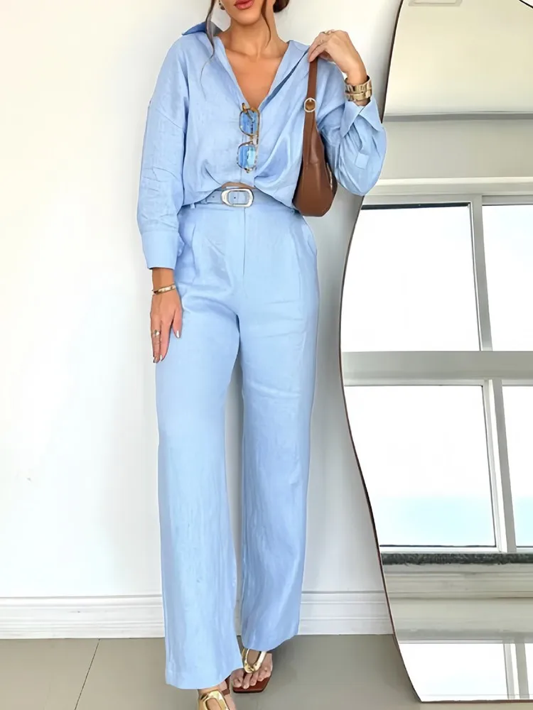

Women's Fashion Cotton And Linen Solid Loose Long-sleeved Shirt Casual Suit Pants Two-piece Set Autumn Two Piece Outfits Woman