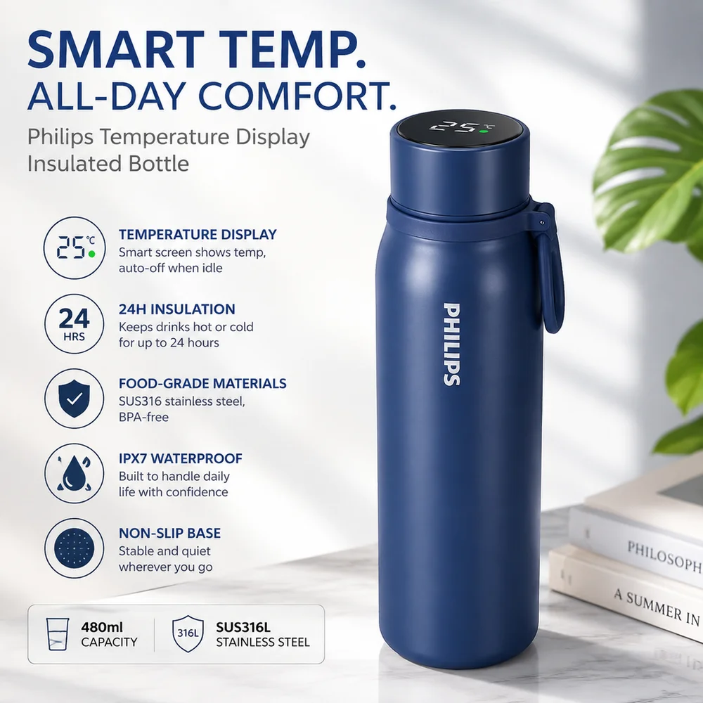Philips Electric Kettle Thermos Cup 480ML 316 Stainless Steel Temp Display 24-Hour Long Insulation IPX7 AWP2569 insulated bottle