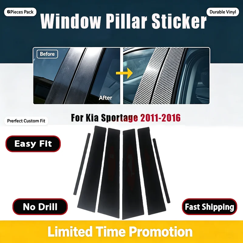 Pour Kia Sportage 2011-2016, 6 pièces, garniture de pilier B et C noire brillante, autocollant de moulure de fenêtre de porte