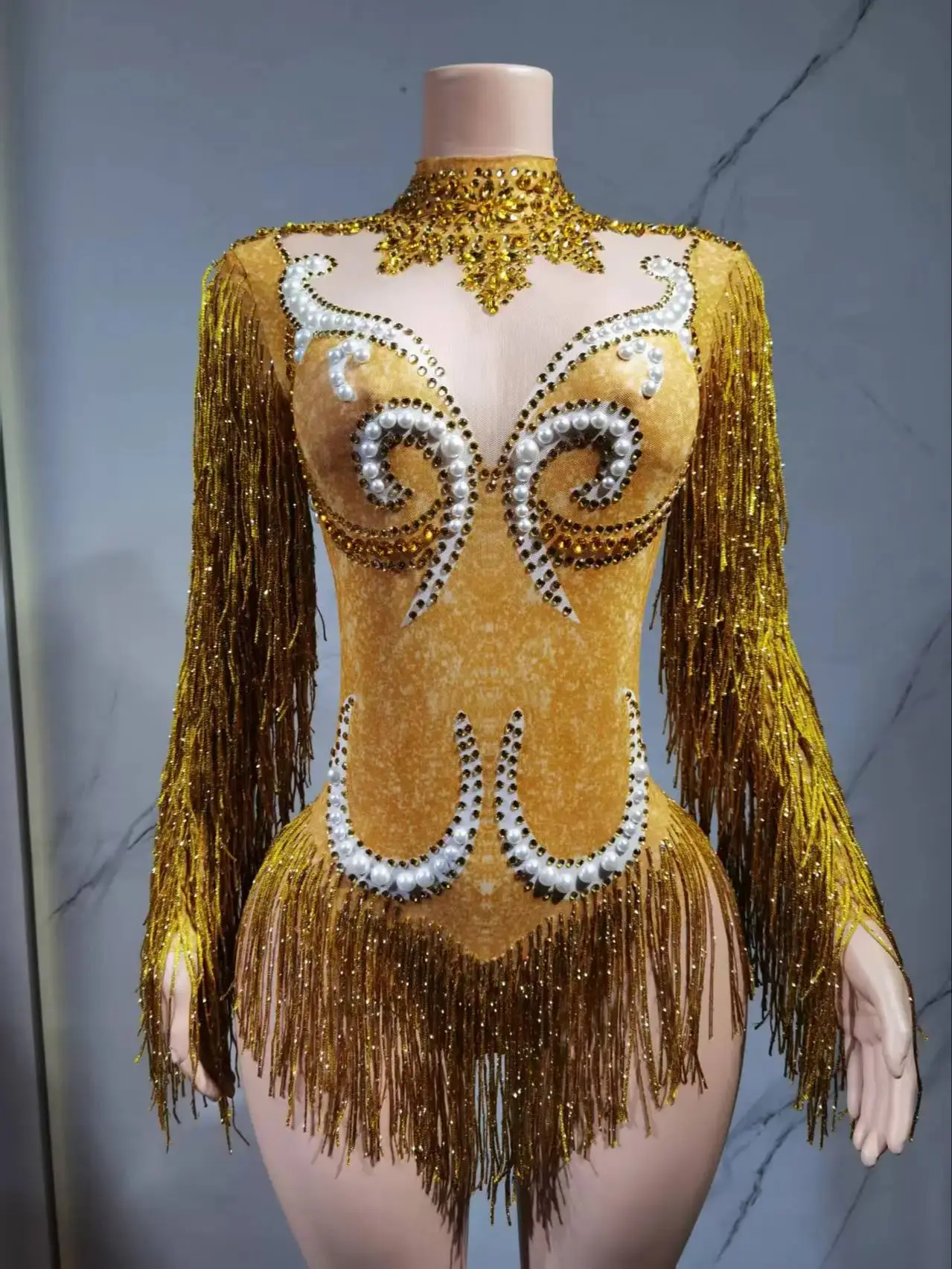 Luxe grijze franje zilveren strass parels transparante bodysuit dames dansshow kostuum verjaardagsfeestje outfit - afbeelding 2