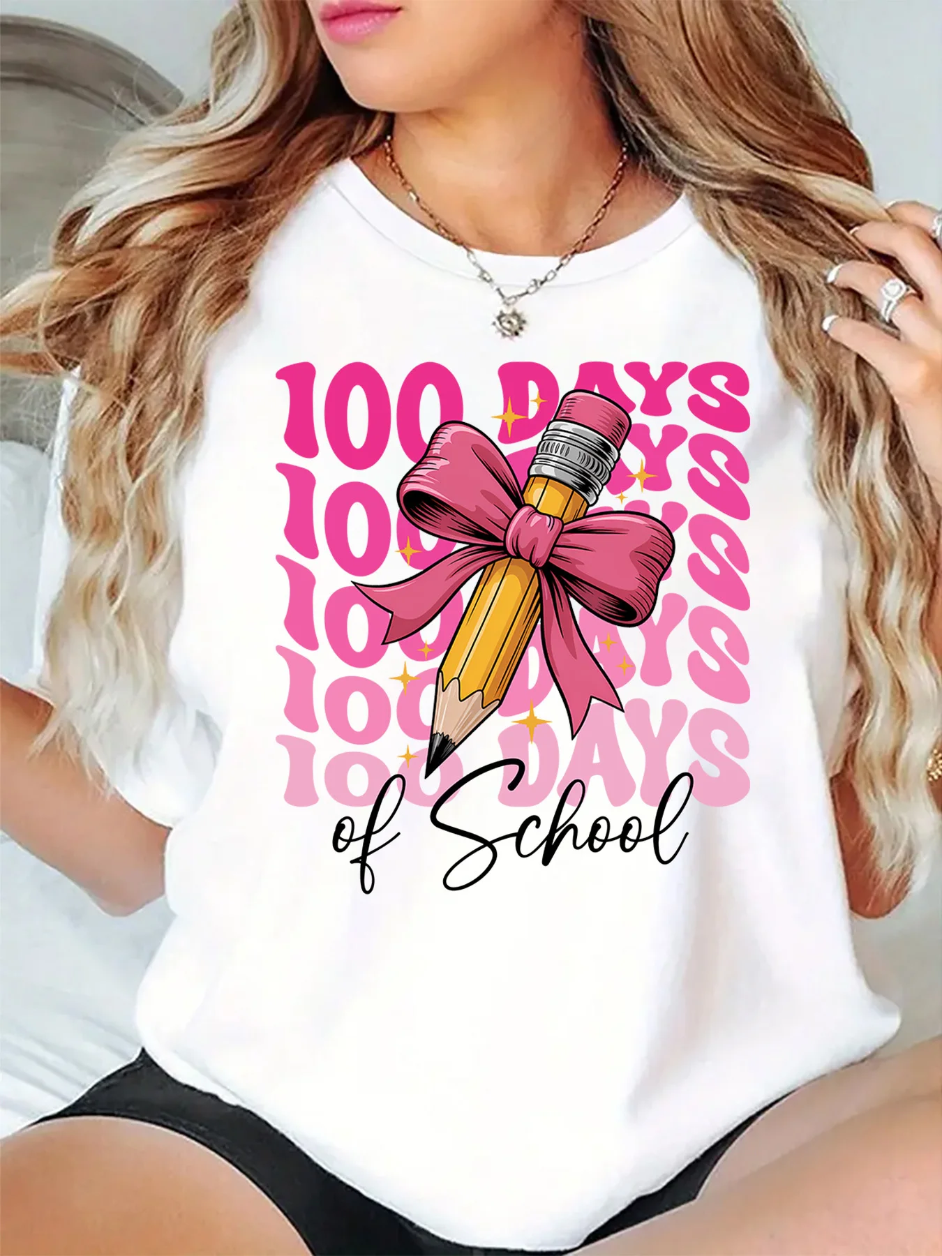 Womens 100 Days Of School T Shirt Pink Pencil Bow Graphic Short Sleeve Casual Loose Tee For Teacher School Party Daily Wear Tops