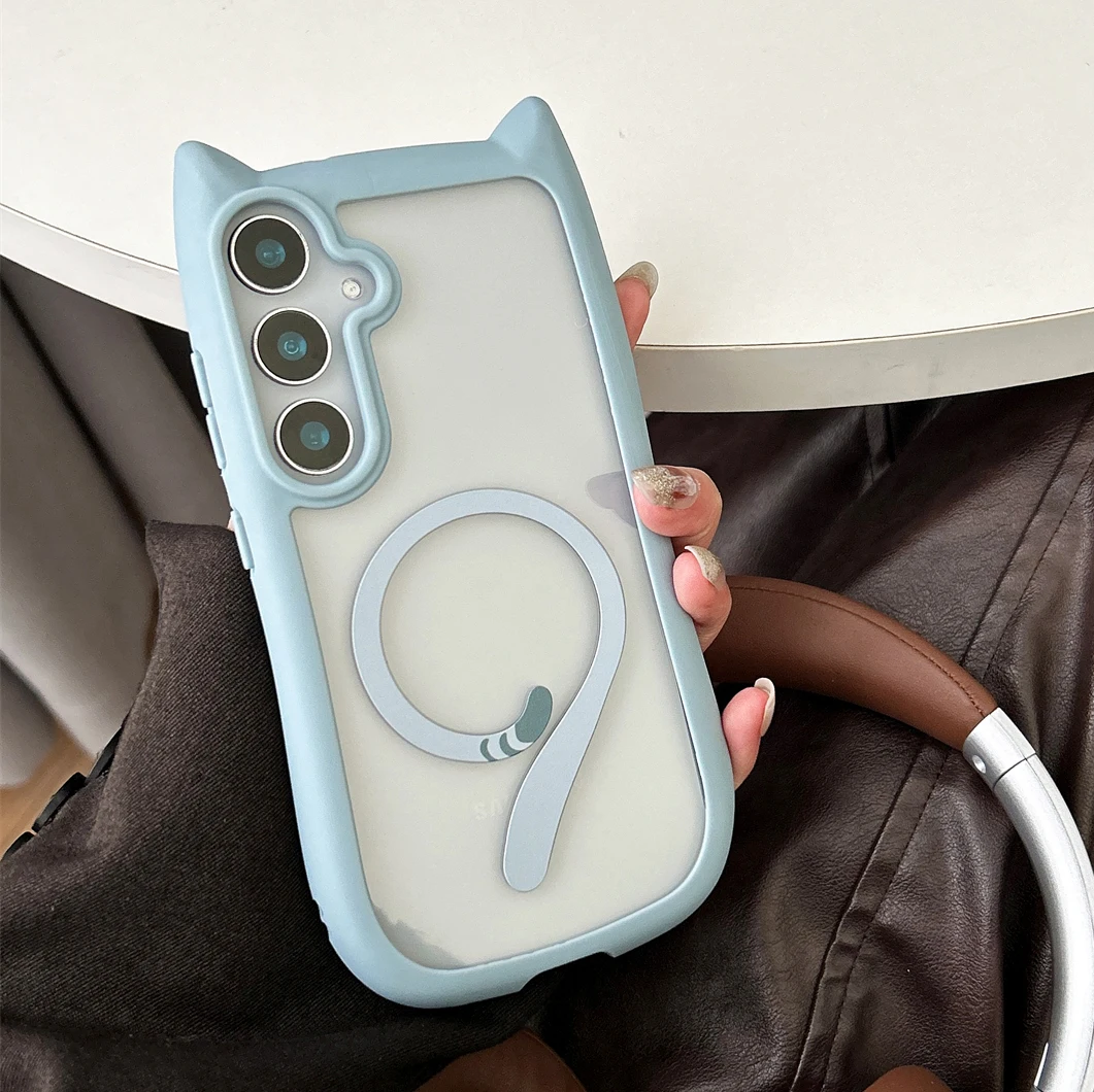 Cute Cat Ear Magsafe Case For Samsung Galaxy S25 Ultra S24 Ultra S23 S24 S25 Plus Transparent Wireless Magnetic Charging Cover