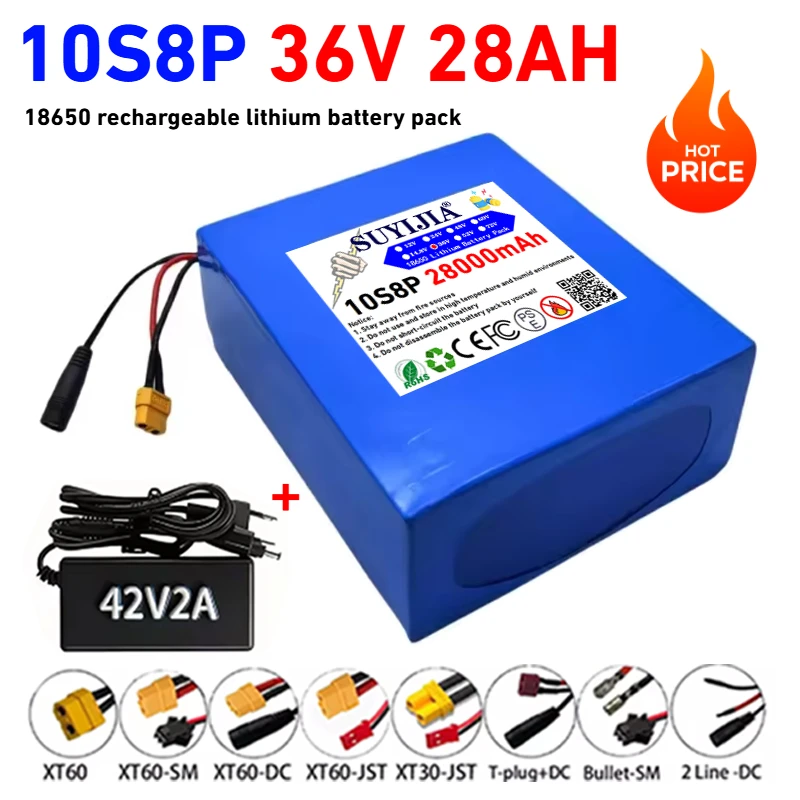 36V battery 28000mah lithium ion 10S8P battery pack 250W~1000W suitable for electric bicycles, cars, bicycles, scooters with BMS