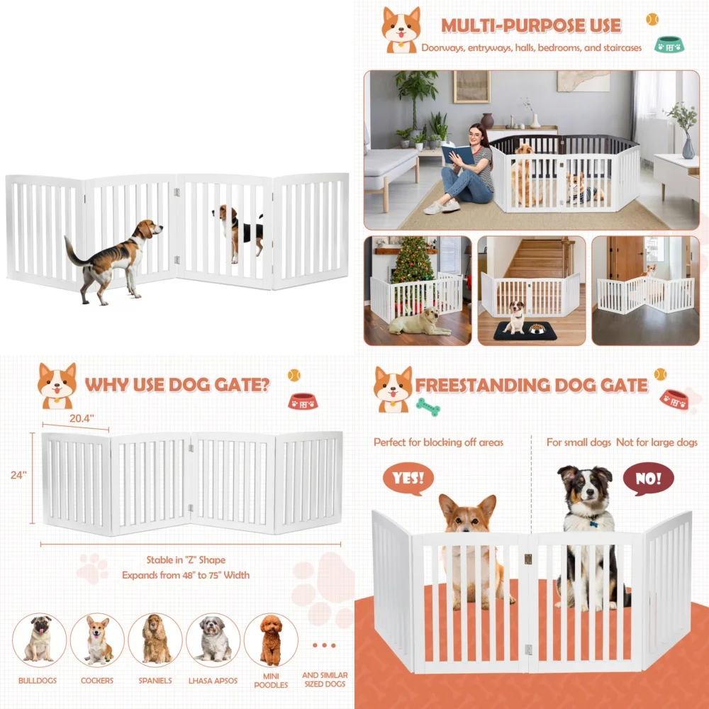 

Foldable Dog Gate for Indoor Use 24 Inch Free Standing Pet Door 4 Panel White Pup Barrier Small Dog Fence Adjustable Safety Gate
