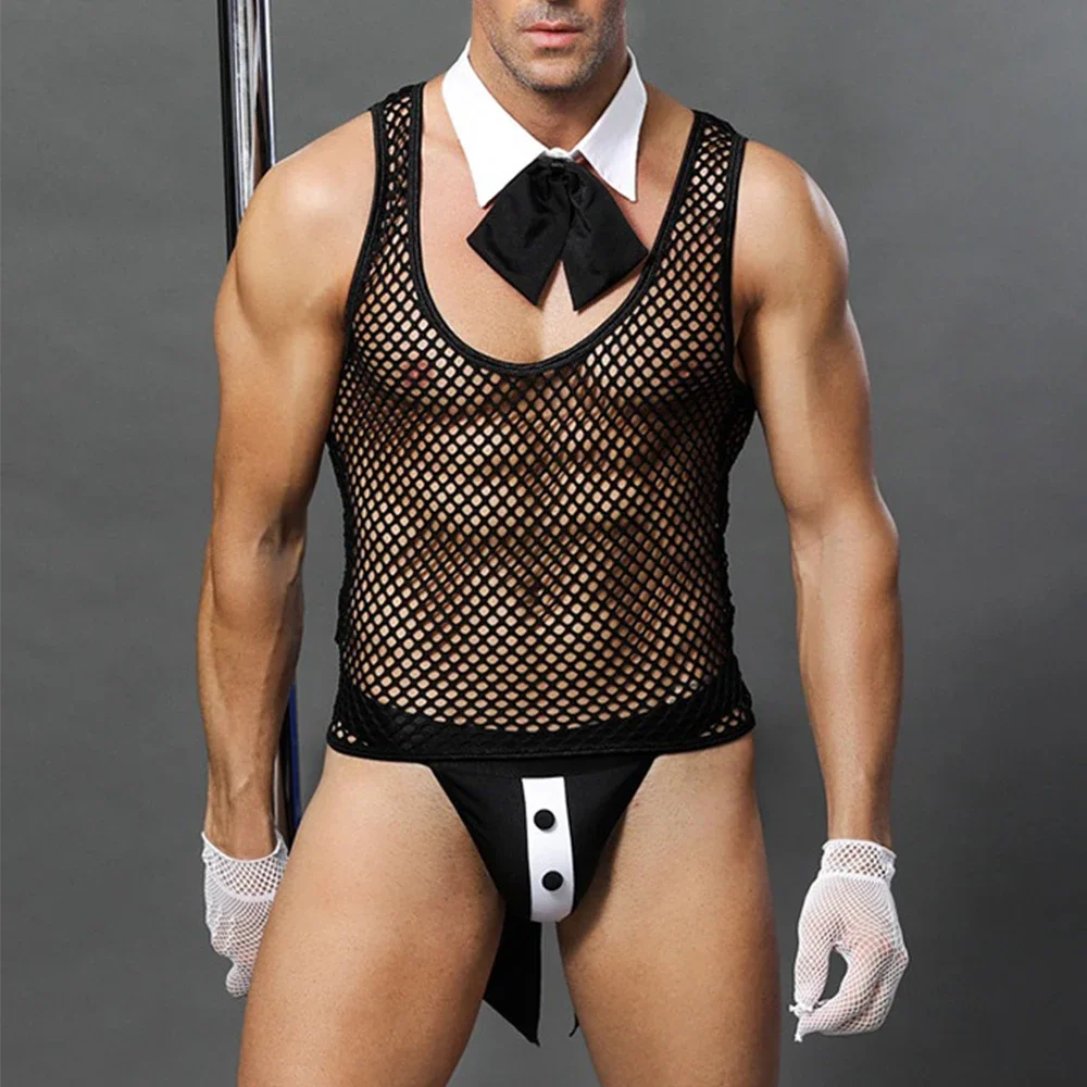 

Men Sexy Lingerie Sets Mesh Fishnet Sheer Vests with Thongs+Gloves+Bow Tie Collar Erotic Male Waiter Cosplay Uniform Costumes