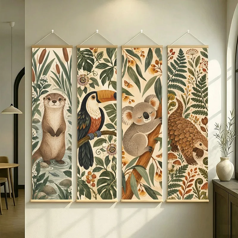 Wall Art Cute Koala Eucalyptus Leaves and Blossoms, Woodland Botanical Pearlescent Canvas Hanging Scroll for Nursery Room