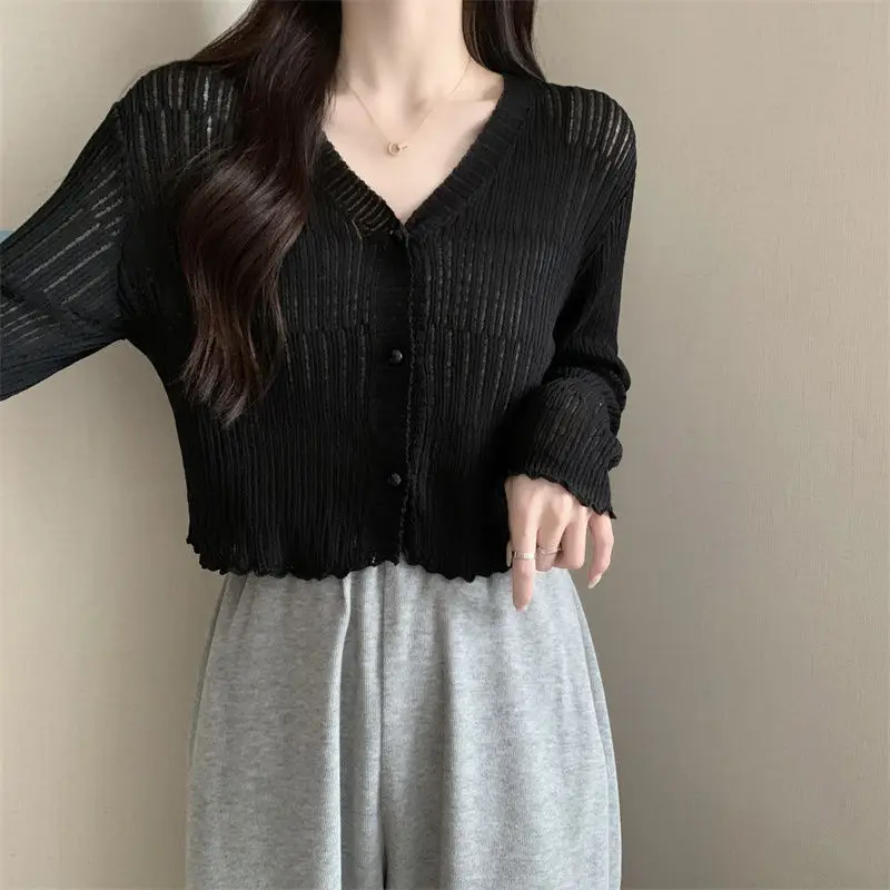 V Neck Solid Color Long Sleeved Women Casual Korean Style Tee Cardigan Clothes Female Vintage Butterfly Sweet Ropa Mujer Top