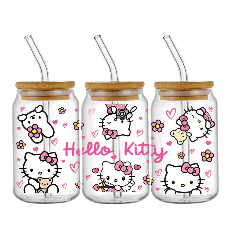 Miniso Hello kitty Valentine's Day UV DTF Transfer Sticker For 16oz Glass Cup Wrap Decal DIY Permanent Selfadhesive Waterproof