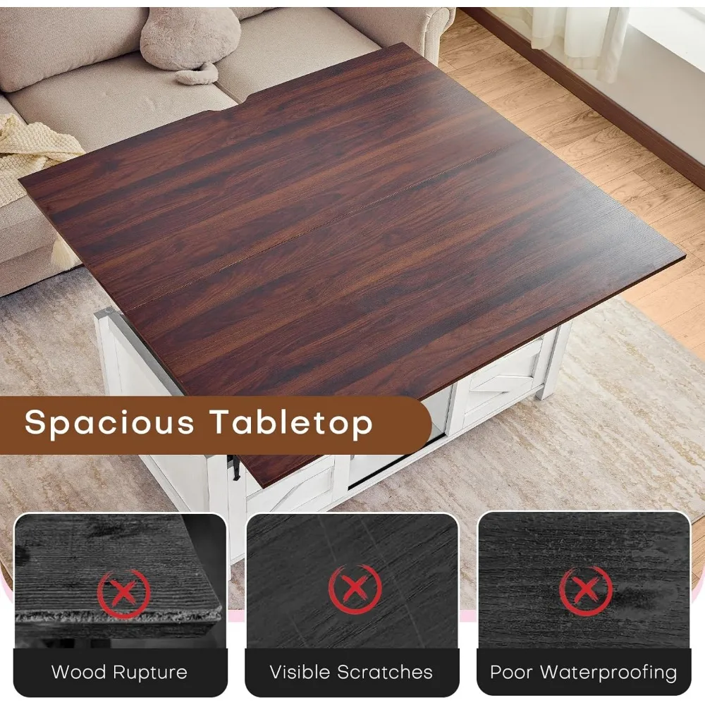 Table basse relevable Farmhouse, table basse convertible multifonction 3 en 1 avec rangement et compartiment caché, table basse