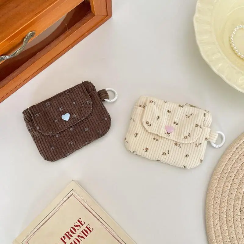 （CC44）Cute Corduroy Coin Purse With Floral Print And Heart Snap Button Perfect For Holding Coins Lipsticks Earphones Daily Use