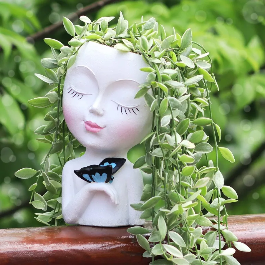 

Face Planter Flower Pot for Indoor Outdoor Plants Resin Succulent Planter with Drainage Hole Cute Lady Face Plant Pots