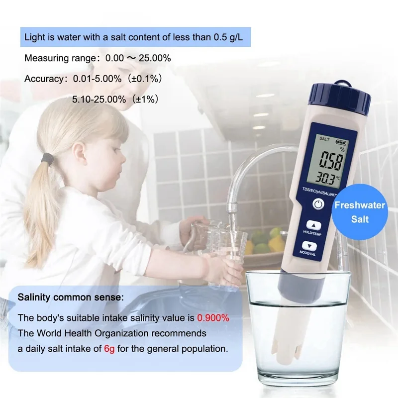 

AB34-5 в 1, измеритель солености/PH/температуры TDS/EC/PH/температуры, цифровой тестер контроля качества воды для бассейнов, питьевой воды, аквариумов Durab