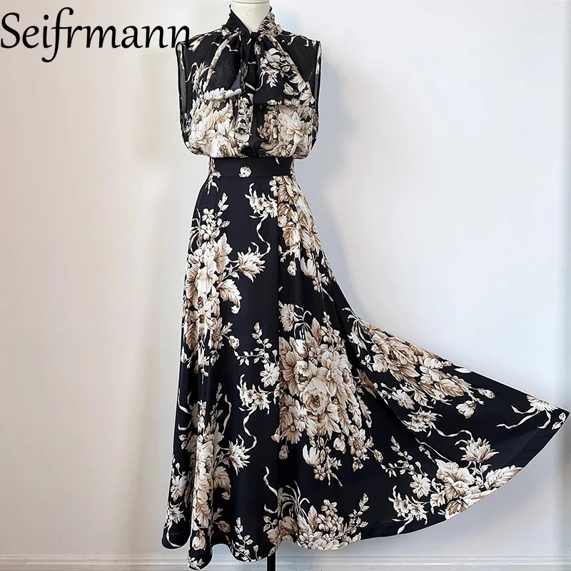 Seifrmann Silk Set Black Perspective Printed Sleeveless Holiday Beach Camping Women's Fashion Dress Set