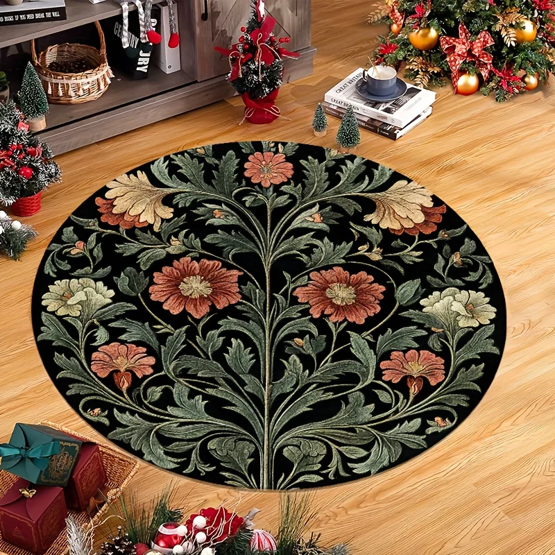 Vintage Baroque Round Mat Dark Oil Painting Flower Area Carpet Luxury Peony Floral Rose Living Room Armchair Floor Rug