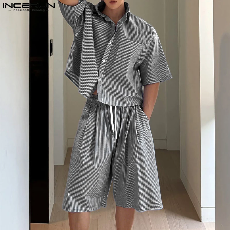 

Summer Men's Sets Short Sleeve Tops Stripe Shirt Lapel Tee Loose Casual Shorts INCERUN Fashion 2PCS Suit Short Trousers Oversize